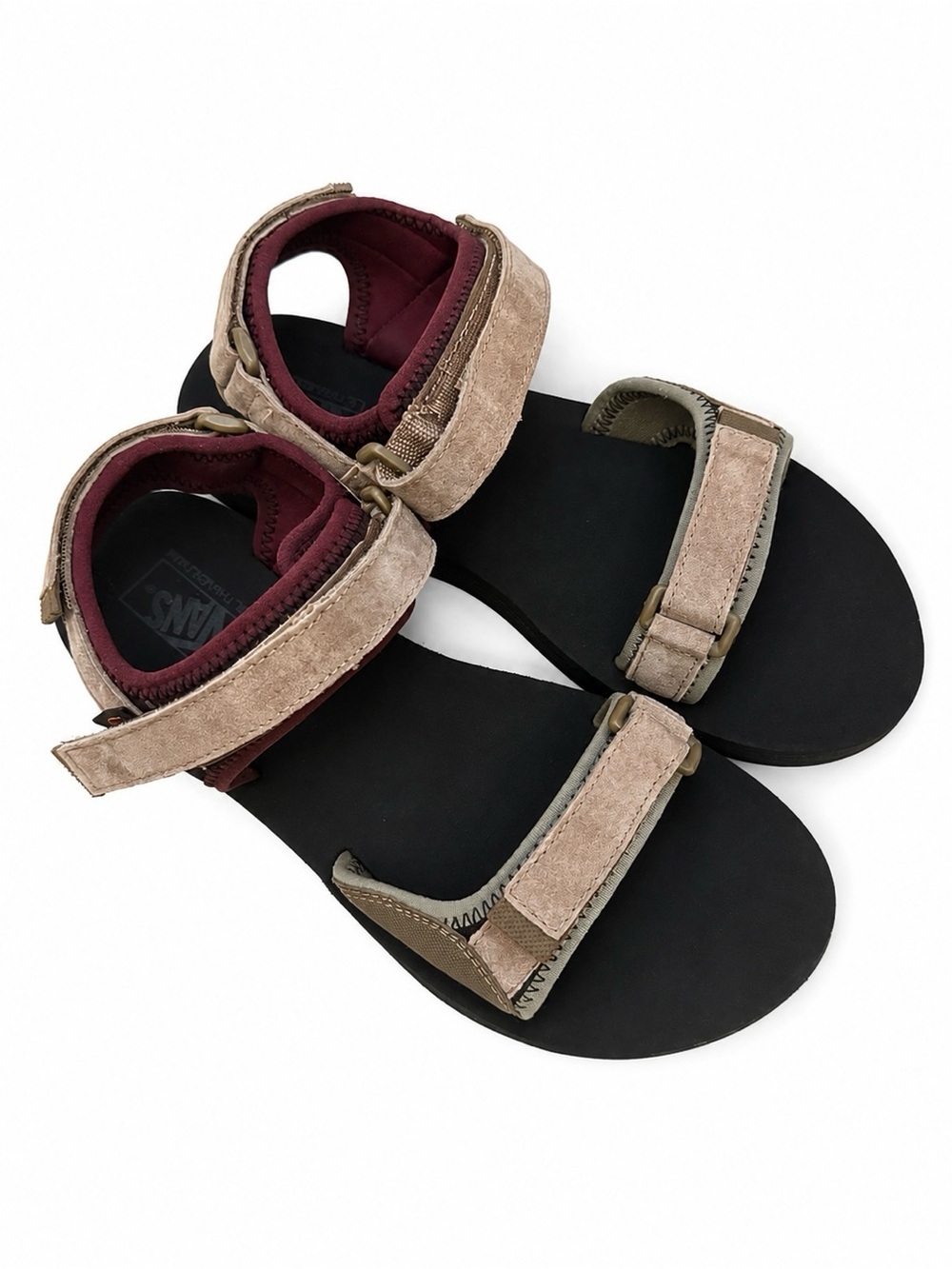 Vans Women’s Black Footbed Suede Beige Strap Sandals with Burgundy Lining
